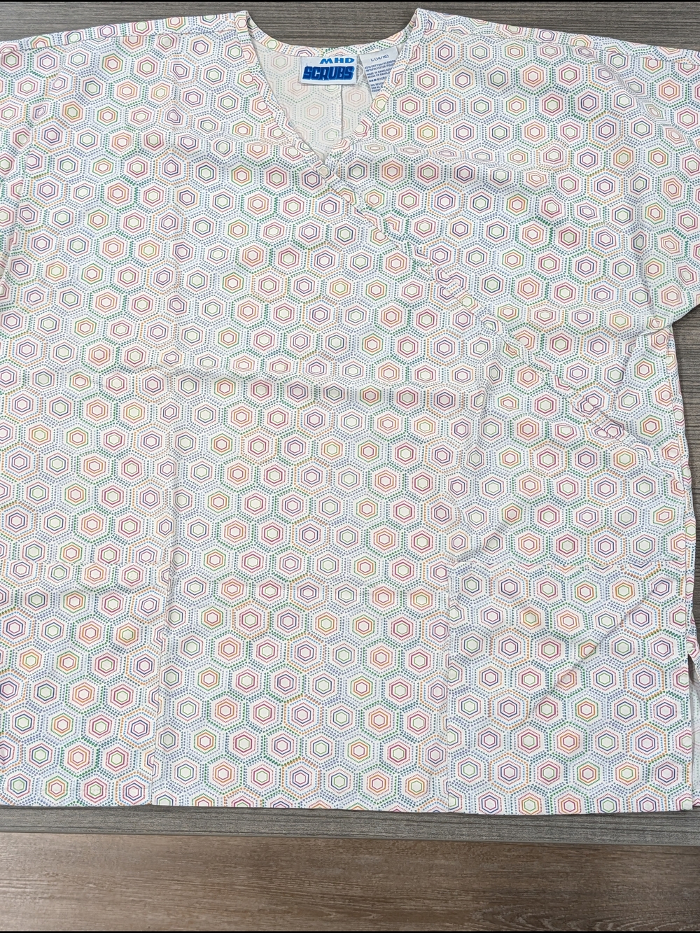 Women's Large Scrub Top Pastel Hexagon Print - Pink, Blue, Green, Yellow